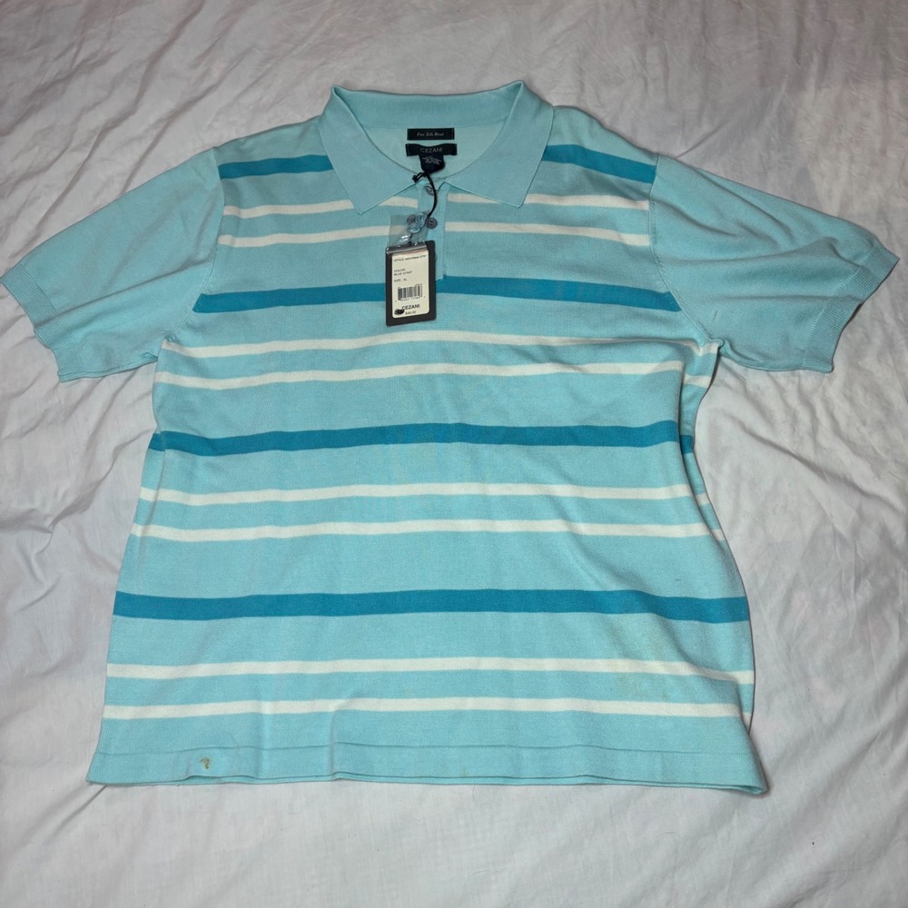CEZANI Mens XL Blue Strip Fine Silk Blend Polo Shirt Short Sleeve Button‎ "Flaw"